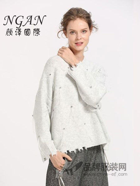 颜泽NGAN女装品牌2018冬季羽毛破洞宽松时尚前卫毛衣灰色