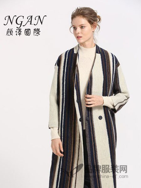 颜泽NGAN女装品牌2018冬季新款格纹羊毛宽松毛呢外套