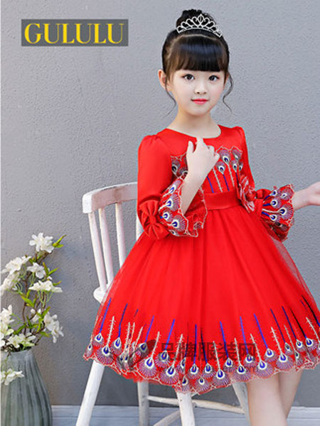 咕噜噜童装品牌2019春季长袖公主蓬蓬裙时尚红色连衣裙