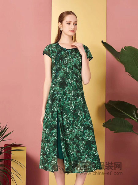 卡宴妮女装品牌2019春夏弹力连衣裙碎花短袖真丝裙桑蚕丝