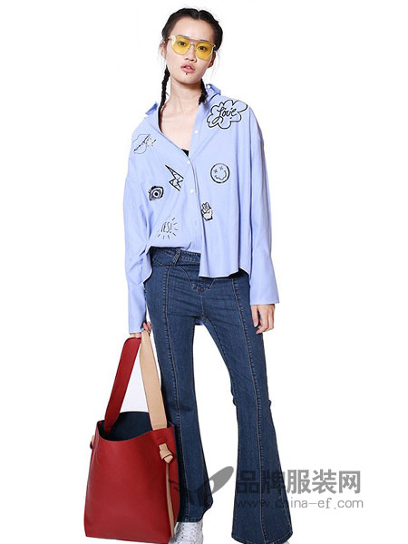 DNCY女装品牌2019春季刺绣衬衫高腰裤
