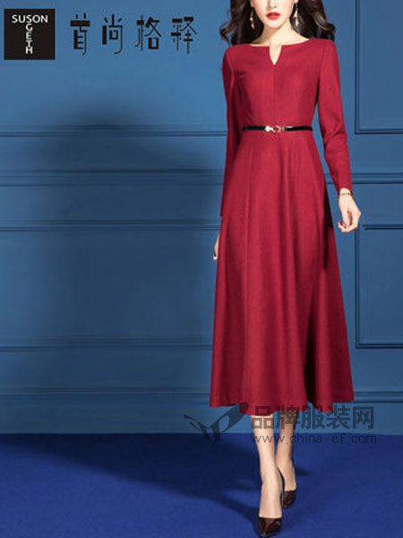 SUSONGETH/首尚格释女装品牌2019春季气质修身收腰裙子红色长袖毛呢连衣裙