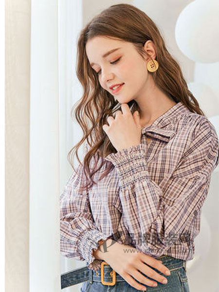 衣品天成女装品牌2019春季半高领韩版纯棉拼接绑带格纹衬衣