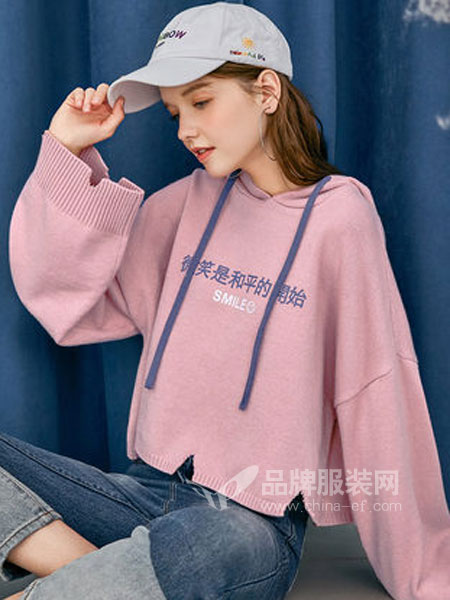 衣品天成女装品牌2019春季韩版印花带帽针织衫上衣