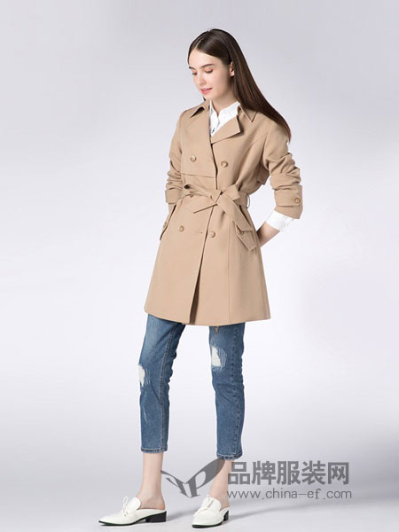 玳莎女装品牌2018秋冬新款双排扣修身气质收腰系带风衣外套