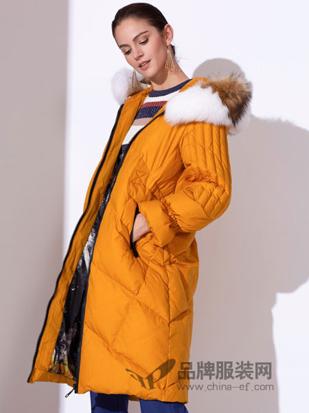 迪图女装品牌2018冬季新款连帽里侧开衩长款羽绒服