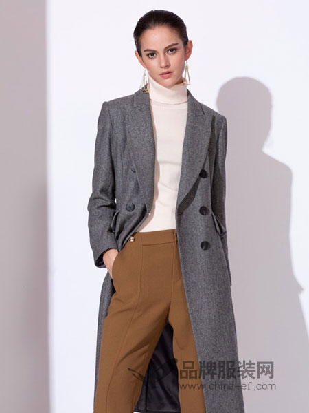 迪图女装品牌2018冬季新款中长款绒面双排扣修身风衣外套
