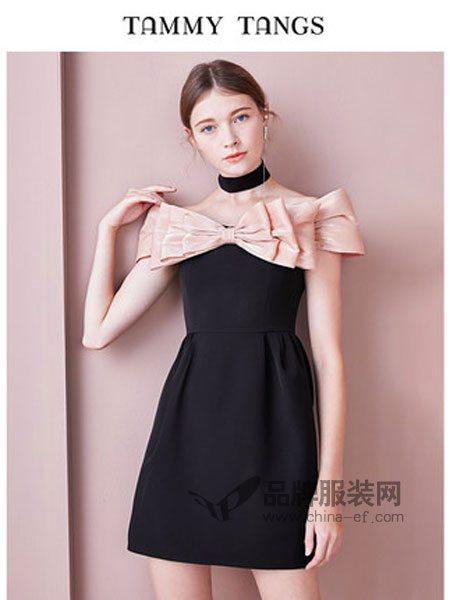 糖力潮品女裝品牌2019春季甜美拼色蝴蝶結(jié)連衣裙