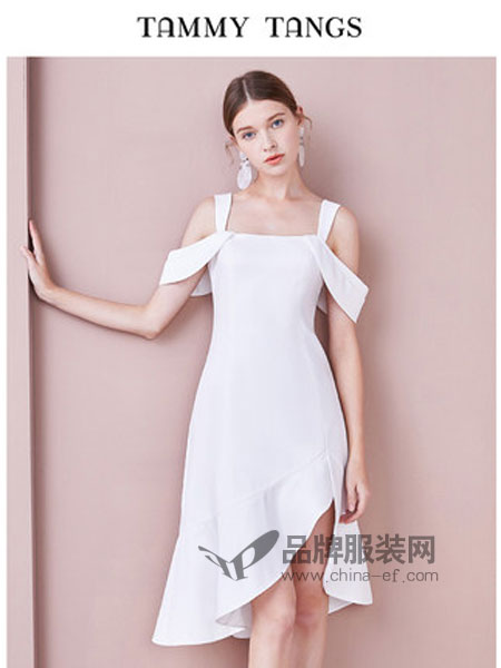 糖力潮品女裝品牌2019春季中長(zhǎng)款吊帶不規(guī)則魚尾連衣裙女