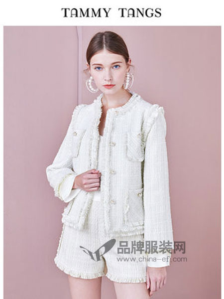 糖力潮品女裝品牌2019春季小香風(fēng)粗花呢釘珠短款外套