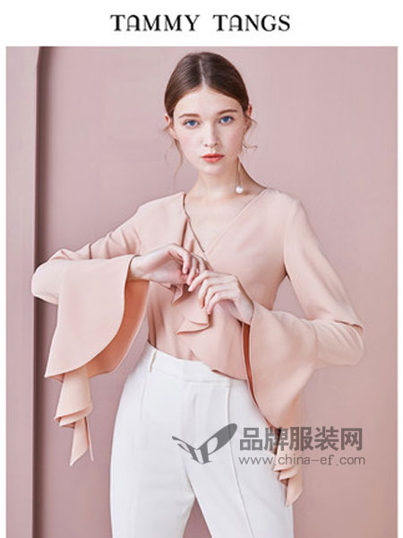 糖力潮品女裝品牌2019春季V領(lǐng)套頭罩衫女荷葉邊襯衫上衣