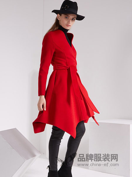 KODICE女装品牌2018秋冬红色中长款修身毛呢大衣风衣