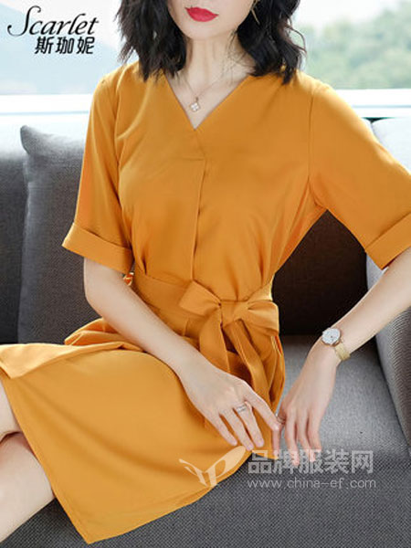 Scarlet斯珈妮女装品牌2019春季小众连衣裙气质v领法式桔梗裙