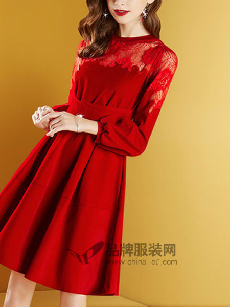 hitorat卓图女装品牌2019春季红色蕾丝连衣裙