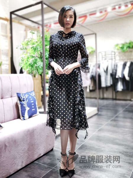 埃迪拉女装品牌2019春夏拼色甜美收腰气质名媛雪纺连衣裙