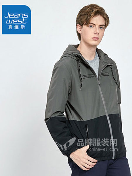 真维斯休闲品牌2019春季连帽印花拼接外套学生运动衣服潮