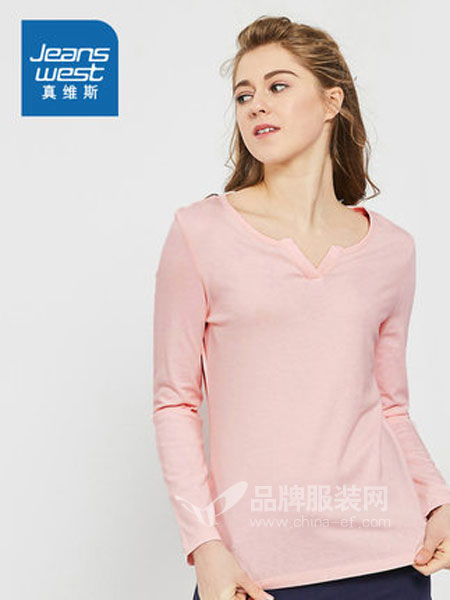 真維斯休閑品牌2019春季小V領(lǐng)修身衣服純色打底上衣潮