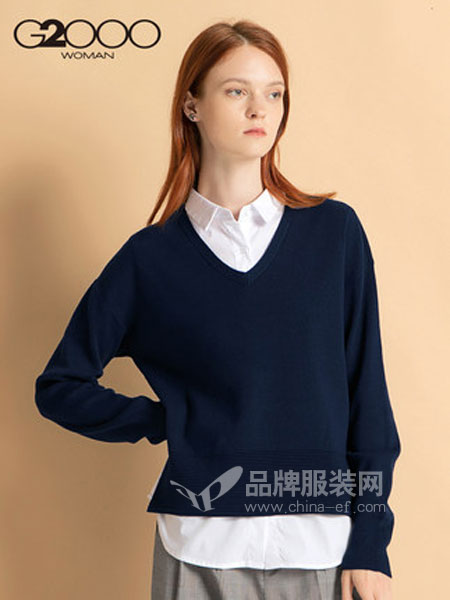 縱橫二千女装品牌2018秋冬毛衣商务OL通勤拼接假两件针织衫