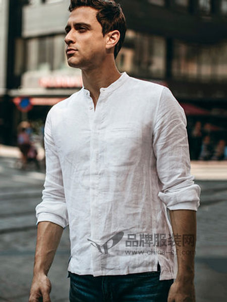 酷衣购男装品牌2019春季亚麻长袖衬衫立领休闲白衬衣