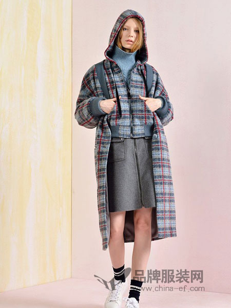 美千代女装品牌2018秋冬中长款西装领双面羊毛修身马甲格子毛呢外套