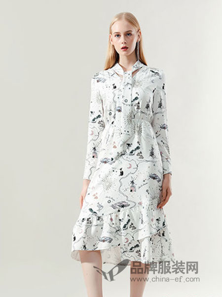 丹比奴女装品牌2019春季星空印花两件套不规则连衣裙长裙