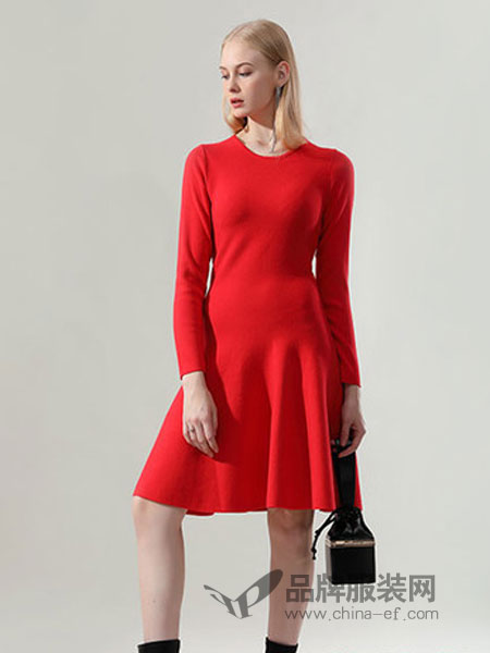 丹比奴女装品牌2019春季修身收腰针织连衣裙红色长袖毛衣中裙
