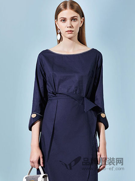 澳莉丝女装品牌2019春季七分蝙蝠袖宽松纯色系带亚麻中长裙