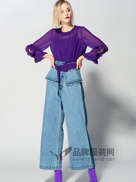 JA&EXUN女装品牌2019春季紫色透视上衣宽松阔腿牛仔裤