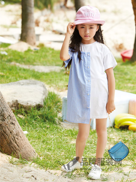 玛玛米雅童装品牌2019春夏新款蓝色格纹单侧短袖连身裙