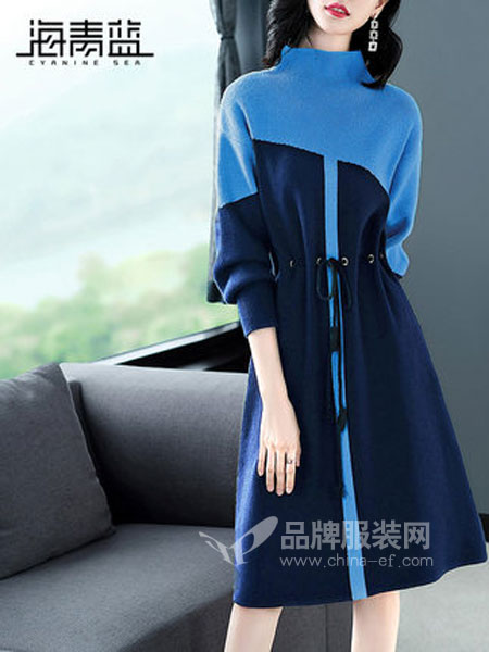 海青藍(lán)女裝品牌2019春季氣質(zhì)名媛半高領(lǐng)小香風(fēng)針織連衣裙潮