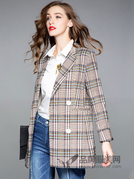 缇子TYZEE女装品牌2018冬季新款收腰英伦格纹复古休闲中长款西装外套