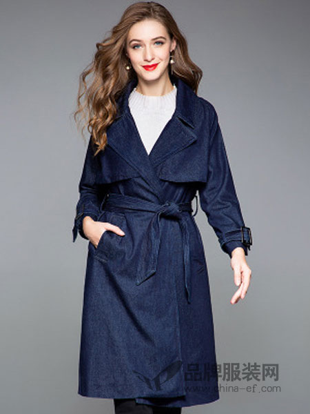 缇子TYZEE女装品牌2018冬季新款翻领系带牛仔风衣女中长款气质外套修身显瘦