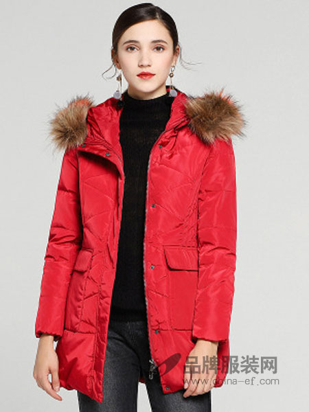 缇子TYZEE女装品牌2018冬季新款毛领鸭绒红色喜庆外套