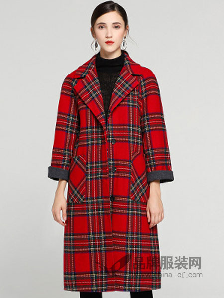 缇子TYZEE女装品牌2018冬季双面呢加厚大衣新款女装中长款大红格子时尚外套