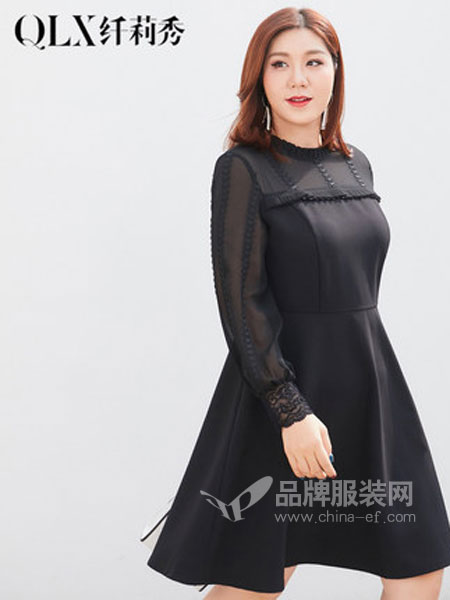 纤莉秀女装品牌2019春季黑色显瘦褶边雪纺拼接洋气减龄连衣裙