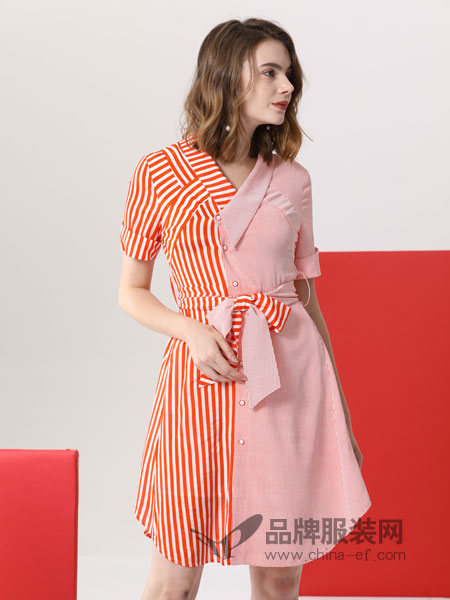 真斯贝尔女装品牌2019春季气质圆领系带收腰显瘦条纹拼接短袖