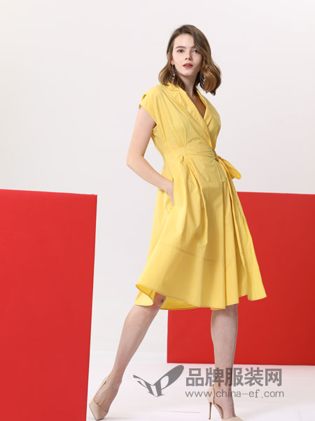 真斯贝尔女装品牌2019春季显高显瘦纯色V领短袖收腰气质A字中长裙