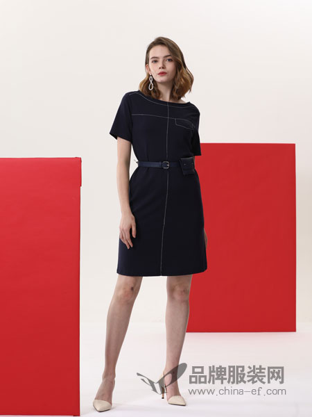 真斯贝尔女装品牌2019春季新款气质收腰短袖复古修身显瘦中长款裙子