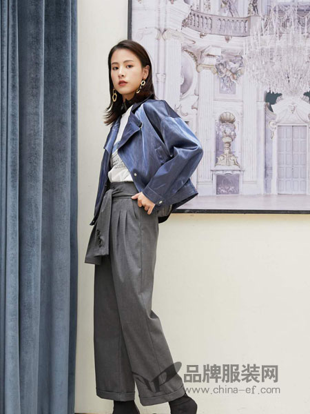 LEISURE女装品牌2019春季腰带卷边休闲阔腿裤