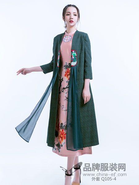 惊意女装品牌2019春季复古手绘棉麻长款外套