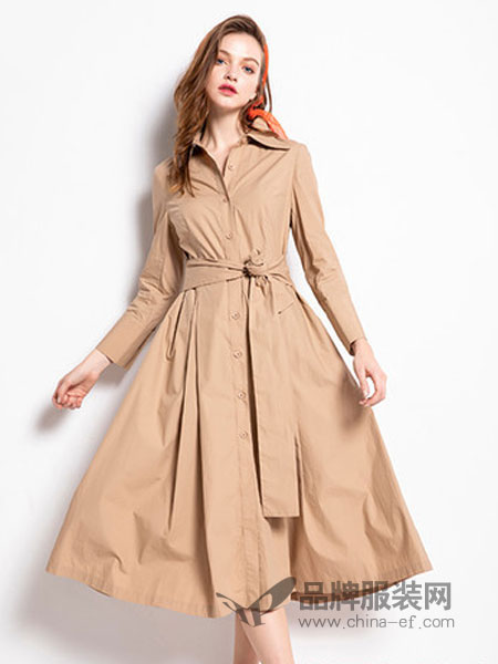 女装品牌2019春季纯色宽边腰带风衣外套衬衫式连衣裙
