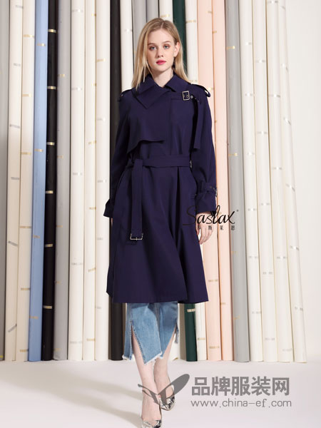 SASLAX莎斯莱思女装品牌2019春季新款时尚直筒百搭西装领长袖系带外套