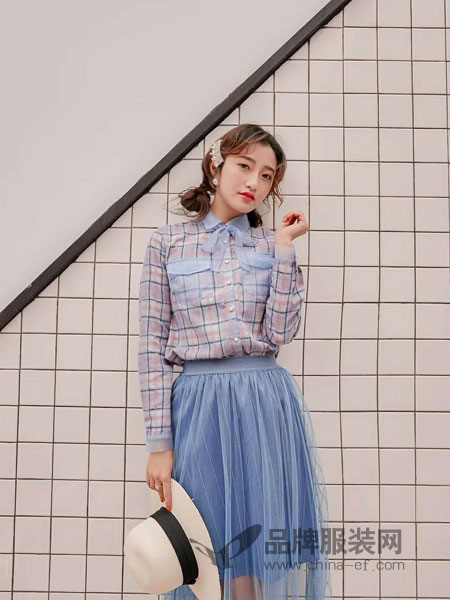 M+女装品牌2019春夏格子上衣长袖打底衬衣女衬衫