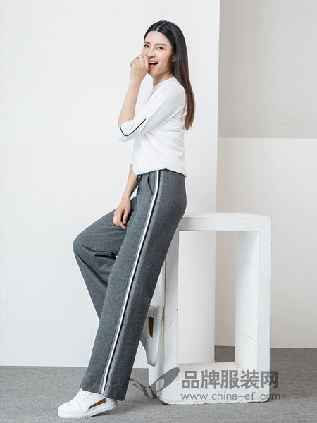 璟逸女装品牌2019春季新款拼接条纹织带灰色休闲直筒