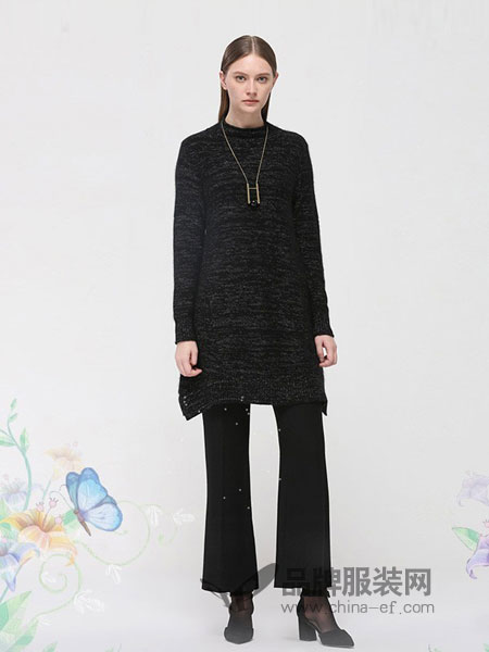 米珂拉  MIK&LA女装品牌2018秋冬H型流苏双面呢中长款黑色羊毛大衣