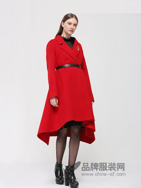 米珂拉  MIK&LA女装品牌2018秋冬A型不对称长款红色翻领羊毛呢大衣