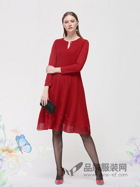 米珂拉  MIK&LA女装品牌2018秋冬针织红色连衣裙