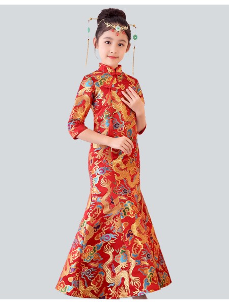 阔比豆中国风长袖中式结婚礼女礼服民国古筝表演出服装儿童旗袍公主裙红