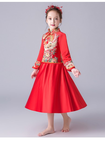 阔比豆中国风长袖中式结婚礼女礼服民国古筝表演出服装儿童旗袍公主裙红