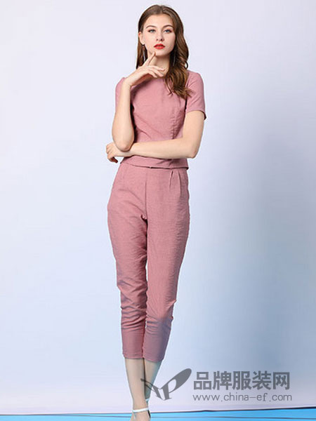 尚可斯女装品牌2019春夏短袖衬衫休闲小脚九分裤两件套
